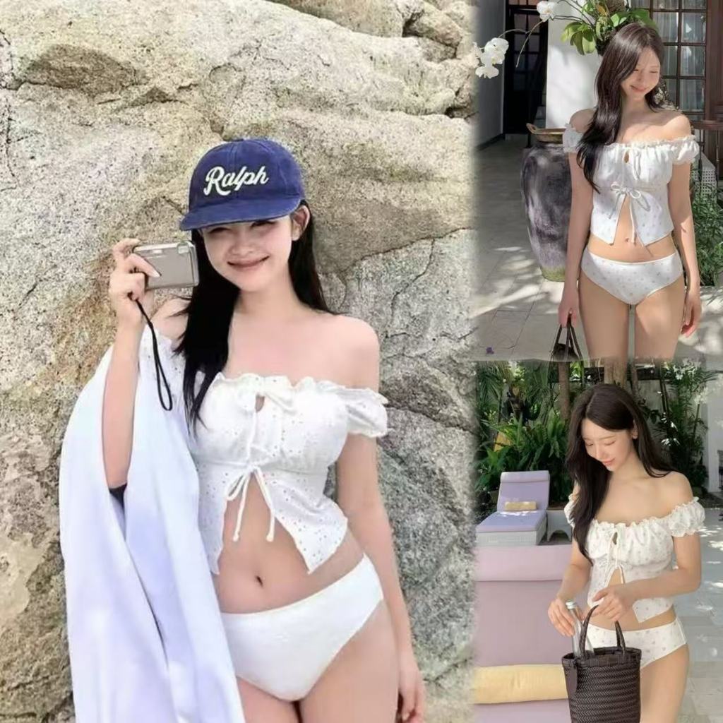 💛ส่งไวจากไทย🤍ชุดว่ายน้ำแขนพอง 2 ชิ้น ดีไซน์กลวง ผูกโบว์ที่หน้าอก รุ่นใหม่ summer beach