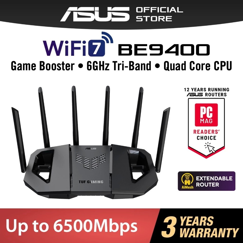 ASUS (TUF-BE9400) Tri Band WiFi 7 (802.11be) Extendable Gaming Router up to 9400Mbps – โปรปัง