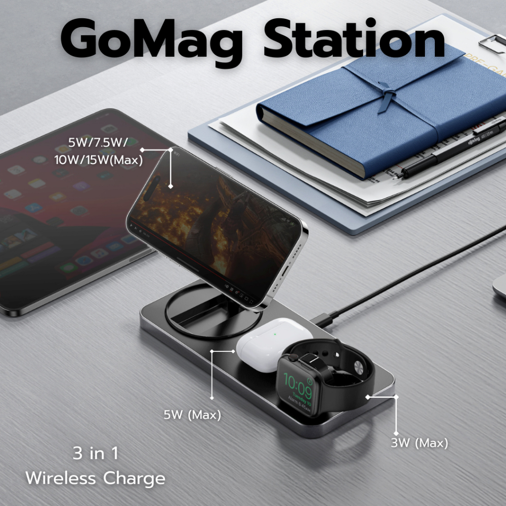 Bazic GoMag Station แท่นชาร์จไร้สายแบบพกพา 3-in-1 Magnetic Wireless Charger รองรับ MagSafe