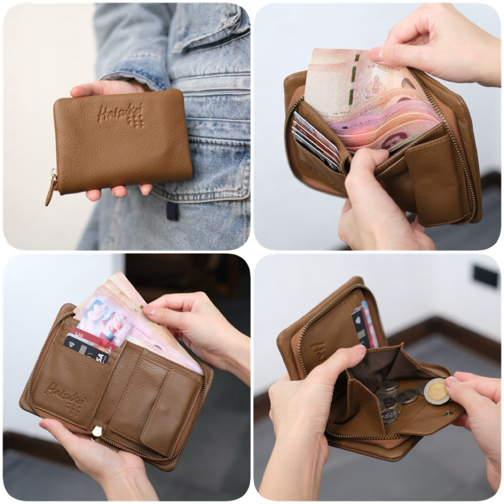 ✨หนังวัวนุ่มมาก ได้สัมผัสเป็นต้องหลงรัก✨กระเป๋าสตางค์ซิปรอบใบสั้นหนังวัวแท้ Pittari Hatsukoi Wallet