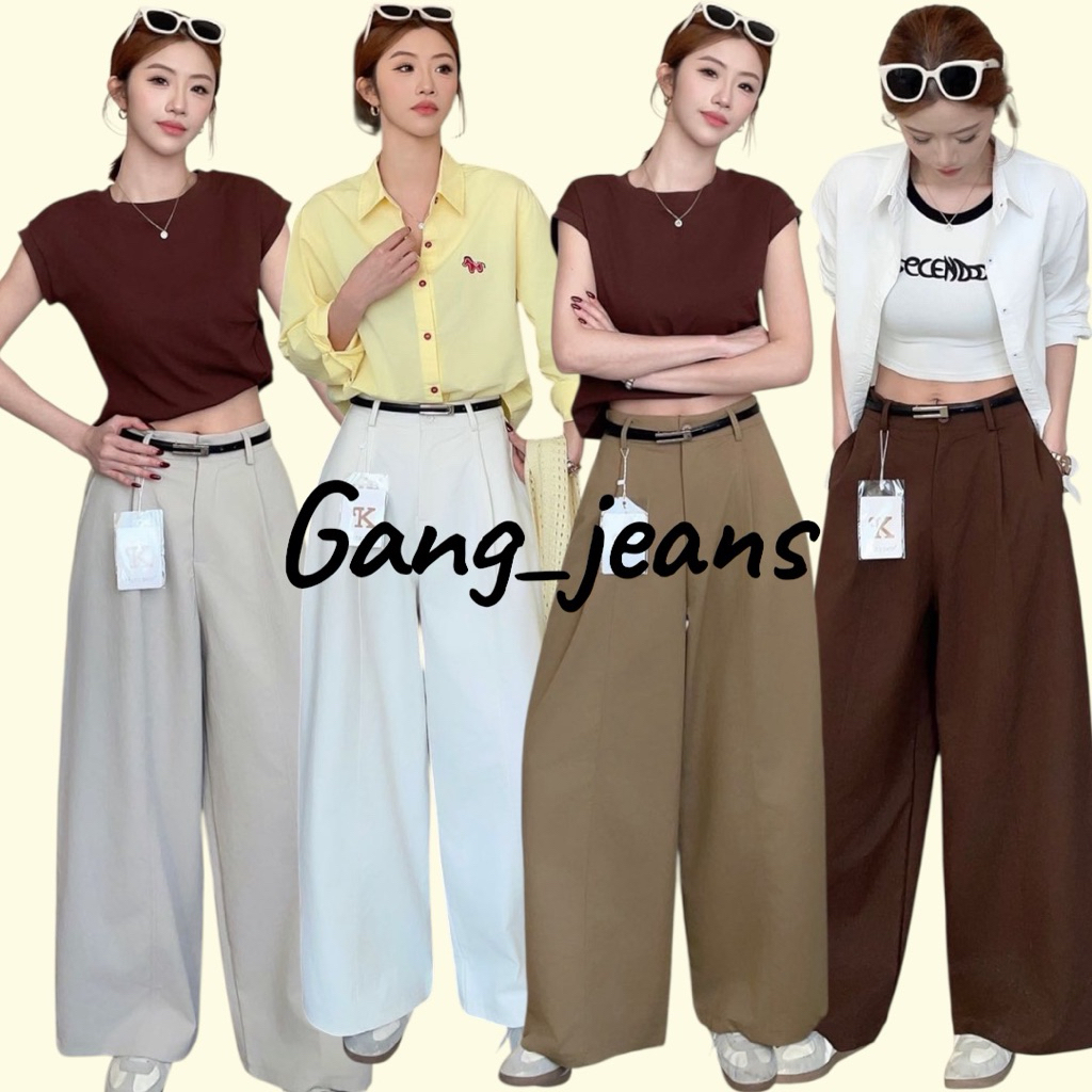 Gang_jeans#9390(K)กางเกงขายาวทรงขากว้าง เอวสูง เอวยางยืดหลัง แถมเข็มขัด ผ้าไนลอนผสม ทรงมินิมอล
