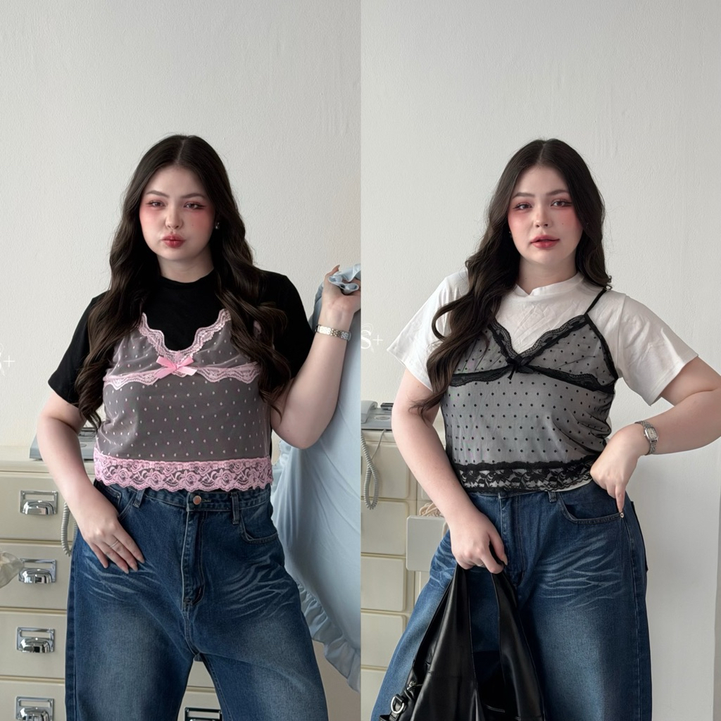 เสื้อครอปสีขาว/ดำ แต่งเลเยอร์สายเดี่ยวซีทรูลายจุด สาวอวบ ไซส์ใหญ่ อก38-52นิ้ว