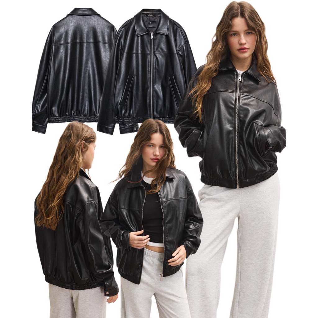(ของแท้💯) Stradivarius oversize leather effect jacket แจ็คเก๊ทหนังสีดำ ทรงโอเวอร์ไซส์