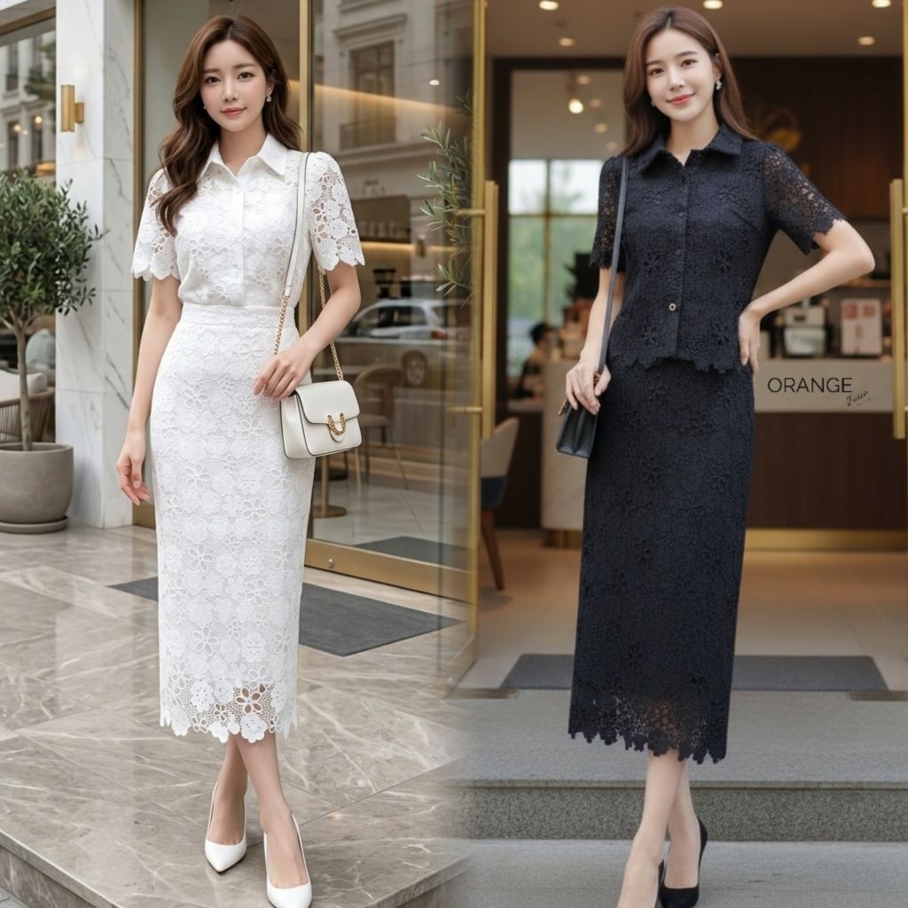 OR21859 ชุดลูกไม้ เสื้อคอปกกระดุมผ่าหน้า กระโปรงทรงสอบ มีซับในทั้งชุด ใส่ทำบุญ ใส่ออกงาน ใส่เที่ยวได้