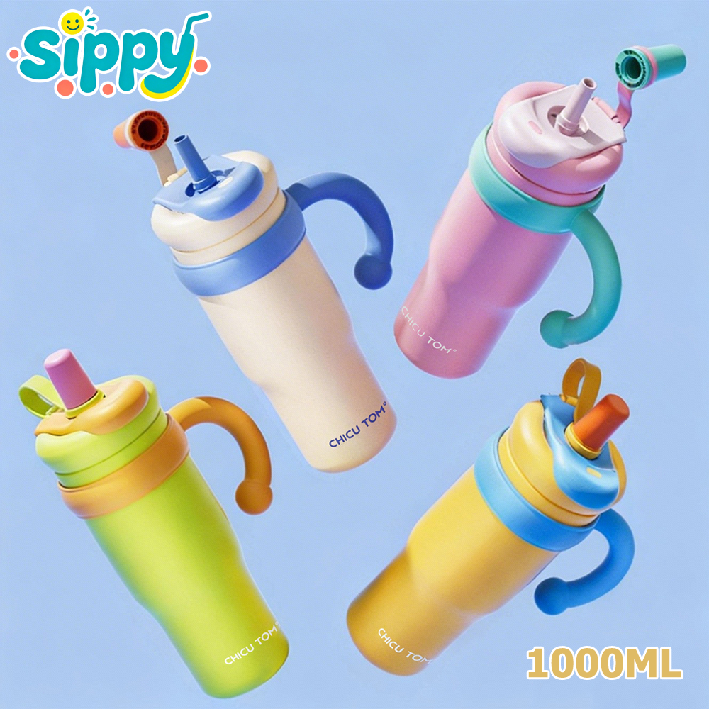 Sippy ถ้วยเก็บความร้อน น่ารัก แก้วเยติ INS สีตัดกัน 316 ถ้วยสแตนเลส ด้วยฟาง พกพาได้ ความจุขนาดใหญ่1000ml