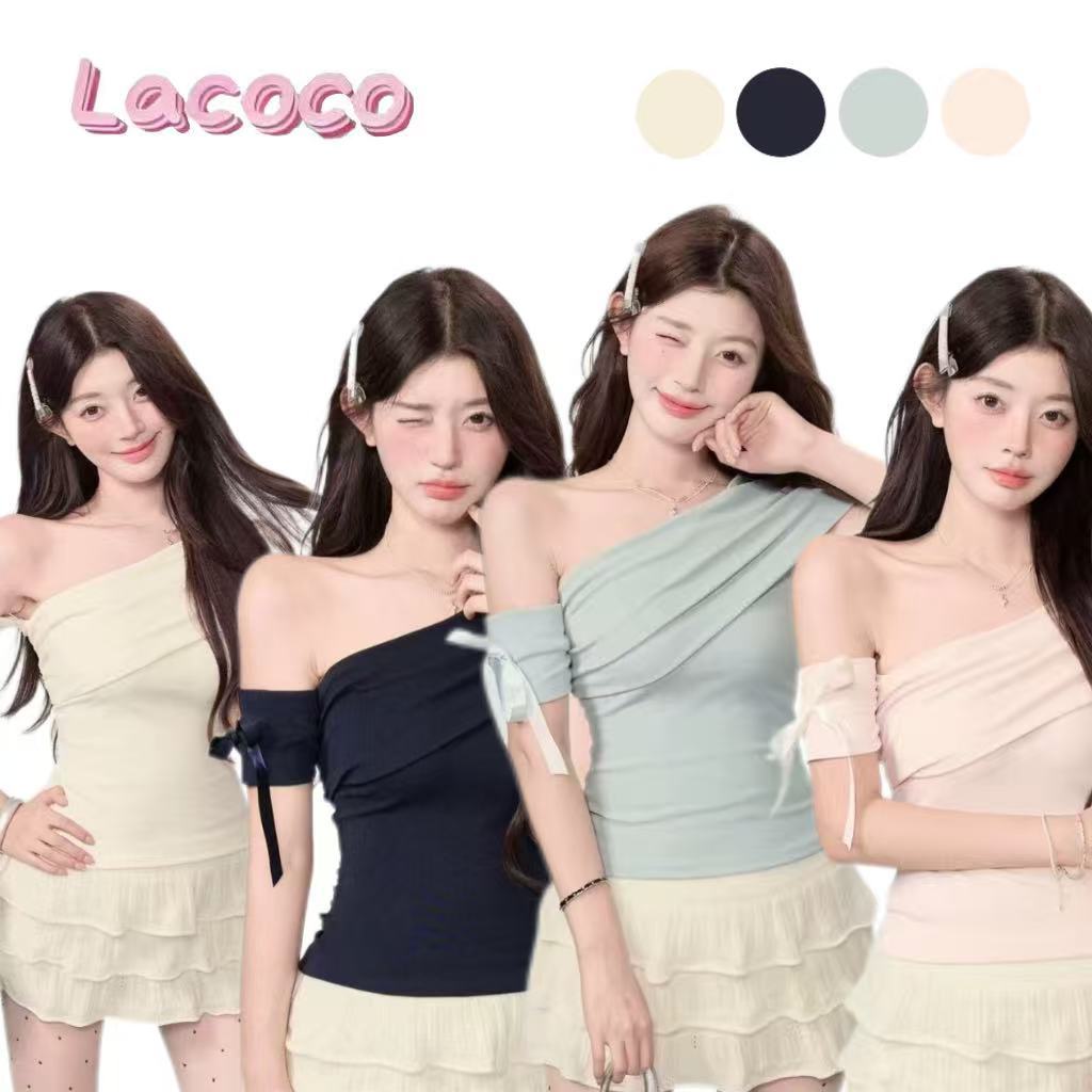 Lacoco🍓คลังสินค้าพร้อม🍓เสื้อยืดแขนสั้นสไตล์เกาหลีเรียบง่าย ประดับริบบิ้น เปิดไหล่ข้างเดียว เสื้อถักเก๋ไก๋สำหรับฤดูร้อน