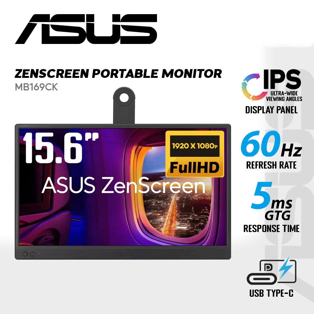 ASUS ZenScreen (MB169CK) Portable USB Monitor (15.6") Full HD, IPS, dual USB Type-C, Flicker Free