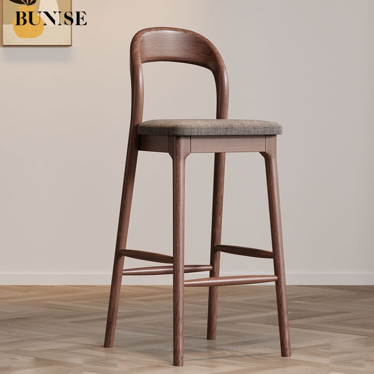 BUNISE BS2 Nordic Ash Wood Bar Stool - Modern Minimalist High Chair with Backrest for Home, Receptio
