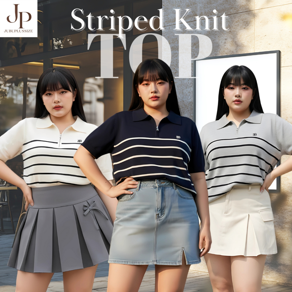 ส่งทันที!🛵เสื้อคอปกไหมพรมแขนสั้น ลายทาง ซิปหน้า สไตล์เกาหลี ใส่ทำงาน ใส่เที่ยวได้ อก35-42นิ้ว#599