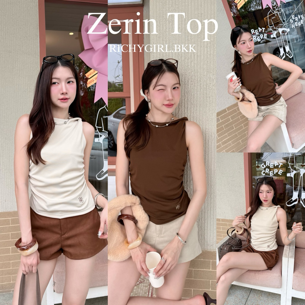 RICHYGIRL | Zerin Top เสื้อกล้ามม้วนไหล่ ดีเทลย่นข้างเข้ารูป ปักโลโก้ชายเสื้อ ทรงคุณหนูเรียบหรู
