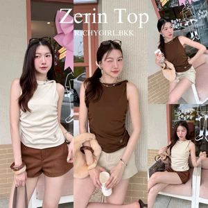 RICHYGIRL | Zerin Top เสื้อกล้ามม้วนไหล่ ดีเทลย่นข้างเข้ารูป ปักโลโก้ชายเสื้อ ทรงคุณหนูเรียบหรู