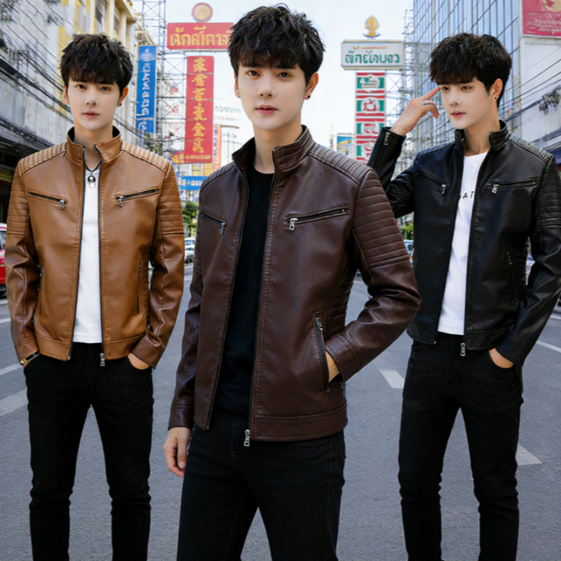 แจ็คเก็ตหนังขี่มอเตอร์ไซค์ผู้ชาย สไตล์แฟชั่น หนังพียูคุณภาพสูง ดีไซน์ซิปเก๋ไก๋ ไซส์ใหญ่ถึง 3XL ใส่ลำลองหรือทำงานก็เริ่ด
