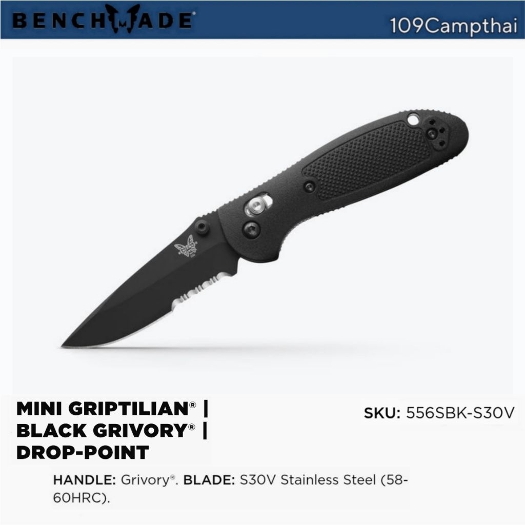 มีดพับ Benchmade แท้ รุ่น Mini Griptilian® Black Grivory® Drop-point S30V Stainless Steel (58-60HRC). ใบกึ่งหยัก U.S.A.