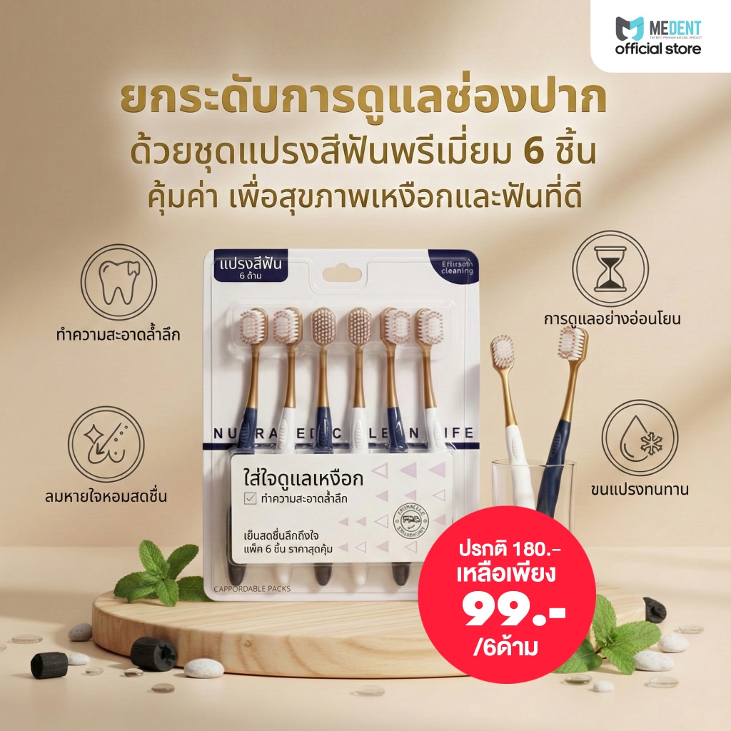 [แพ็ค 6 ชิ้น] แปรงสีฟันพรีเมี่ยม ขนแปรงนุ่มพิเศษ ถนอมเหงือกและฟัน Deep Clean