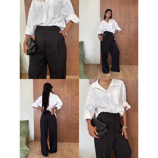 กางเกงทรงกระบอกใหญ่ รุ่น She Pants แต่งดีไซน์ กระเป๋าเจาะด้านหลัง ใช้งานได้จริง แต่งจีบหน้า ทรงสวย ( New collection )