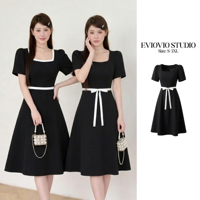 เติมสต๊อกแล้ว 🥰S-5XL【EVIOVIO】เดรสอลิซลูกคุณหนูเกาหลี ซิบข้าง เดรสไปทำงาน ชุดไปเที่ยว เดรสสาวอวบ พร้อมส่งในไทย👑