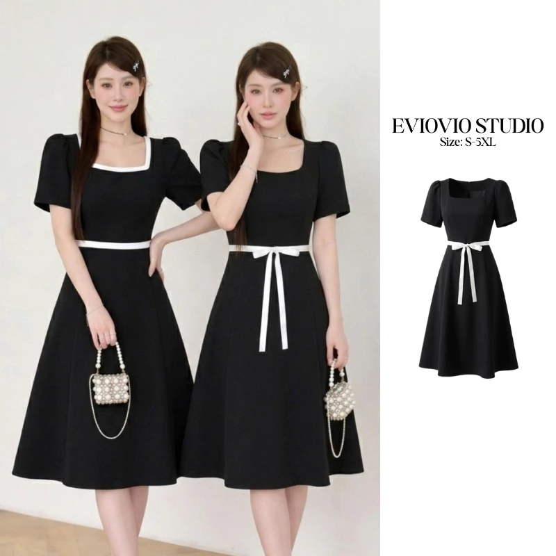 เติมสต๊อกแล้ว 🥰S-6XL【EVIOVIO】เดรสอลิซลูกคุณหนูเกาหลี ซิบข้าง เดรสไปทำงาน ชุดไปเที่ยว เดรสสาวอวบ พร้อมส่งในไทย👑