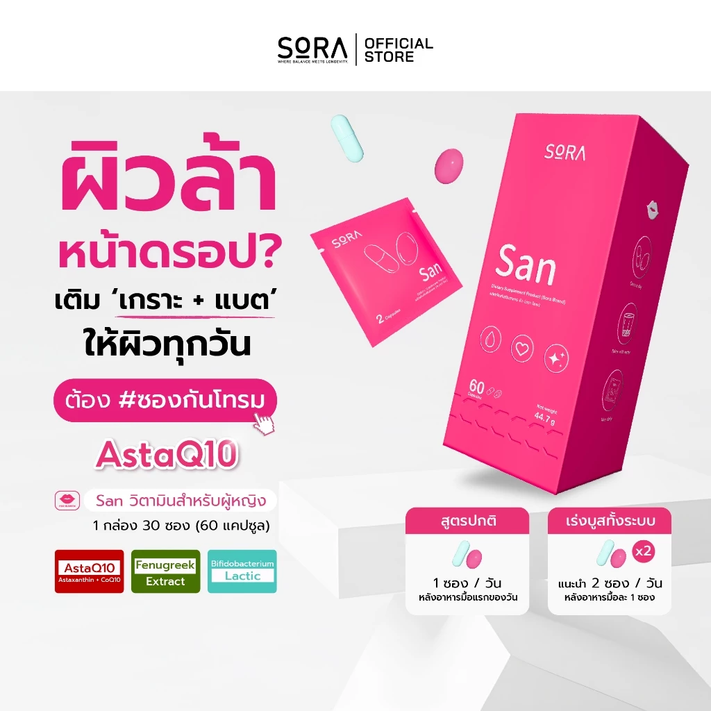 Sora SAN วิตามินซองกันโทรม 1x30 l สูตร AstaQ10 กู้ผิวหมอง ปกป้องผิวจากแดด เสริมพลังงาน บูสสมองเฟรช
