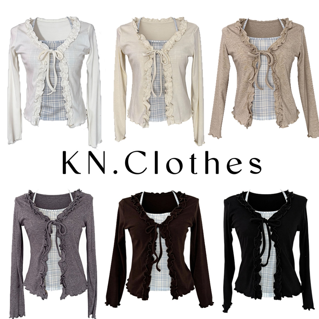 KN.Clothes เสื้อแขนยาว ผูกโบว์หน้า แต่งเสื้อสายเดี่ยวคล้องคอ ลายสก๊อต เย็บติดกัน LT