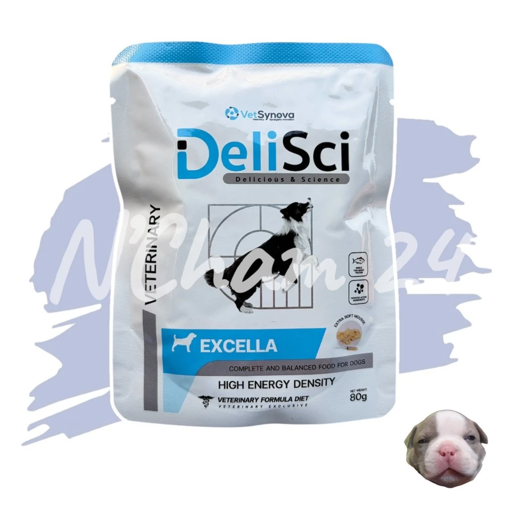 DeliSci Excella dog ขนาด 80 กรัม อาหารเปียกแบบซองสําหรับสุนัขป่วย พักฟื้น ที่ต้องการพลังงานสูง