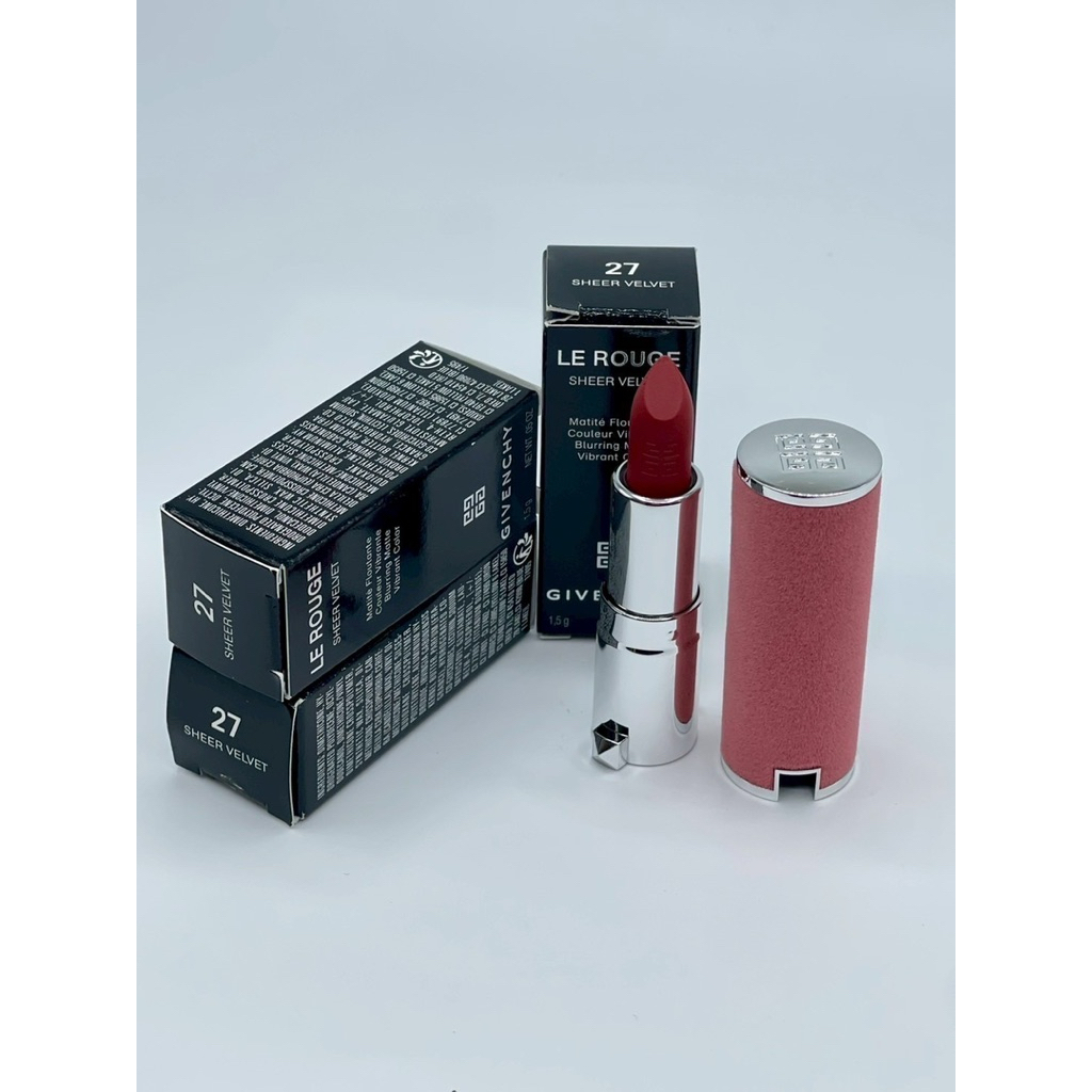GIVENCHY Le Rouge Sheer Velvet Lipstick 1.5 g มีกล่องครบ #สี27 ปลอกสีชมพูกำมะหยีน่ารักมาก