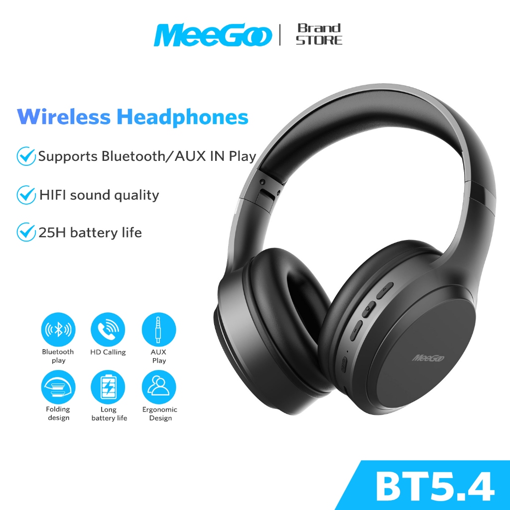 MEEGOO หูฟังครอบหู พับเก็บได้ รองรับ Aux 3.5mm รองรับการเชื่อมต่อแบบมีสาย/ไร้สาย ใช้พลังงานต่ำ