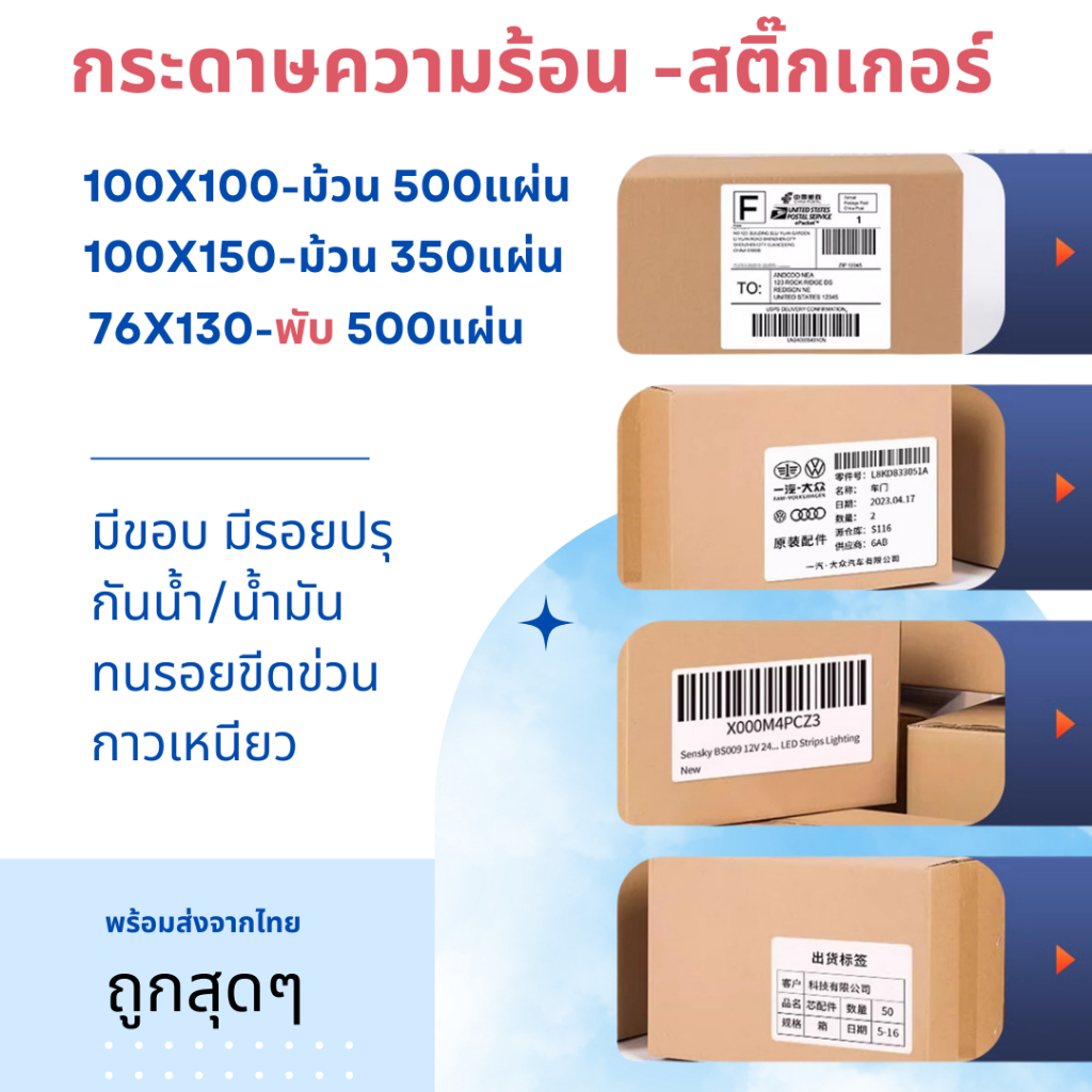 ถูกสุดThermal Paper Stciker กระดาษความร้อนสติ๊กเกอร์ 100x150, 100x100, 76x130 ใบปะหน้าเว้นขอบ ม้วน พับ พร้อมส่งในไทย