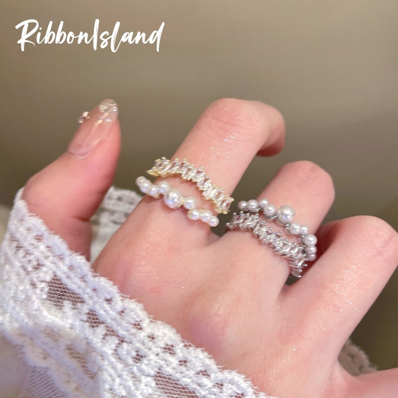 แหวน ring สองชั้น หรูหรา ไข่มุก พลอยเทียม ins คุณภาพสูง มินิมอล สองสี แฟชั่นสำหรับผู้หญิง COD