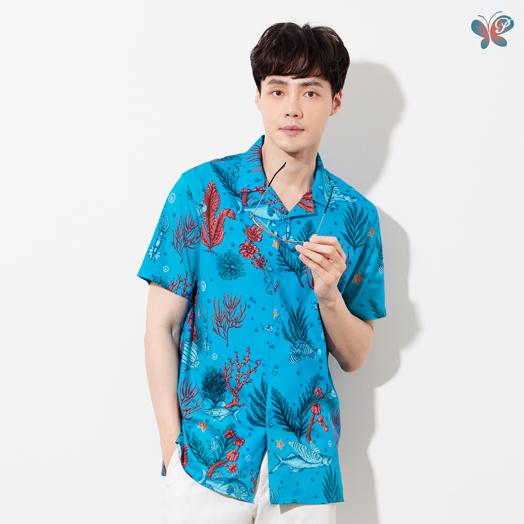เสื้อเชิ้ตฮาวายผู้ชาย [Papillon] Men Premium Twill Summer Shirt - Les Poissons พิมพ์ลายปลาและทะเล ผ้าฝ้ายผสมเรยอนใส่สบาย