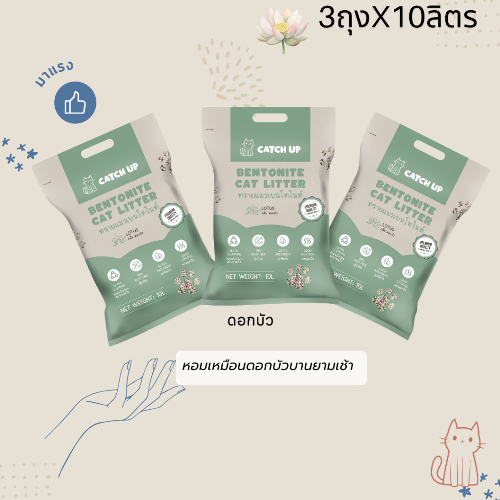 ทรายแมวเบนโทไนท์ CATCH UP เกรดพรีเมียม ยกกระสอบ 3ถุง 30 ลิตร กลิ่น🪷 ดอกบัว