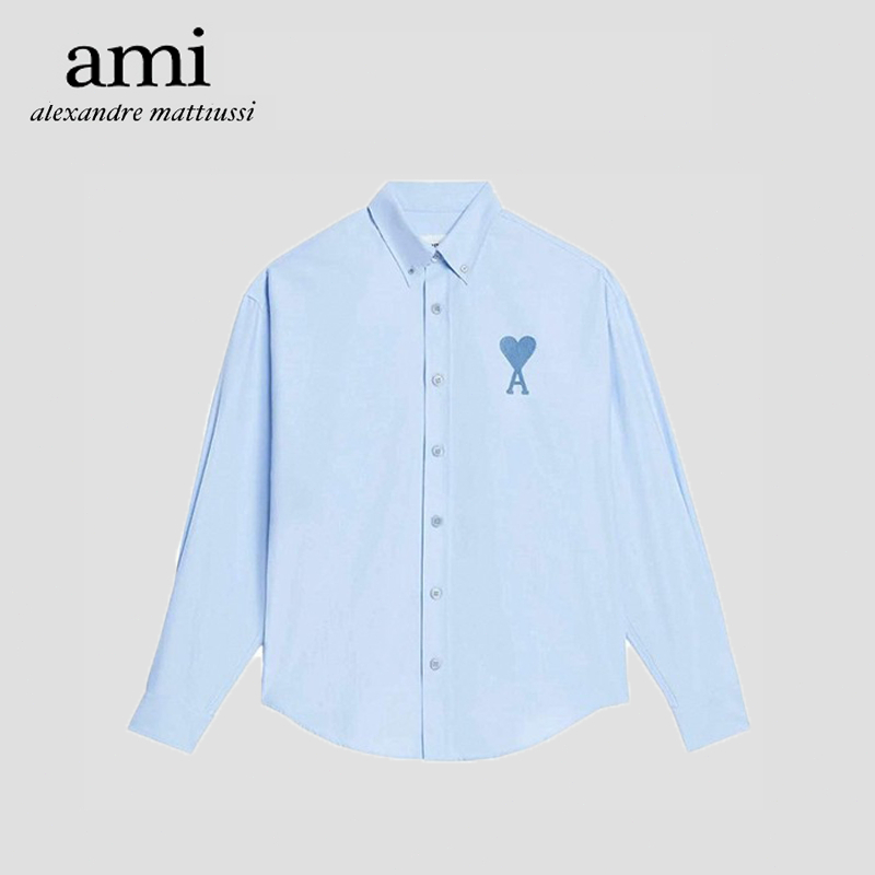 【AMI Paris 】🇰🇷 เสื้อเชิ้ตแขนยาว Ami Paris  เย็บปักถักร้อยโลโก้เสื้อขนาดใหญ่แขนยาว