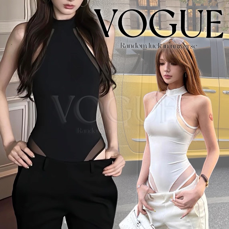 Vogue🌟พร้อมส่ง🌟 เสื้อแขนกุด บอดี้สูท ผ้าซีทรูบาง มีฟองน้ำ เรียบง่าย สีพื้น (FY7015)