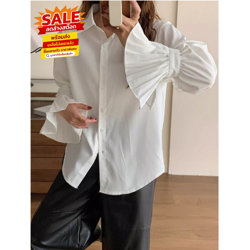 ล้างสต็อก☘️ PKB2908 เสื้อเชิ้ตแขนยาวสม็อคจับกรีบสุดฮิตผู้หญิง คอปก ผ้าดี งานสวยปังสุดๆ🌻🌈 อก44 ฟรีไซส