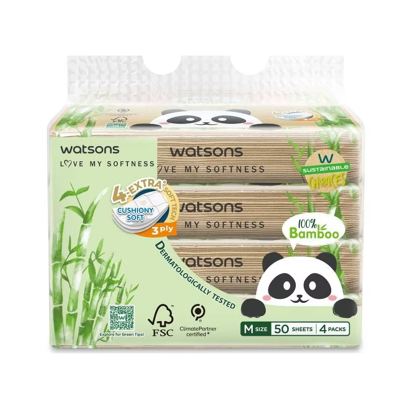 WATSONS วัตสัน กระดาษทิชชูเช็ดหน้า (ทราเวล) Panda 3ชั้น 50แผ่น x 4ซอง.