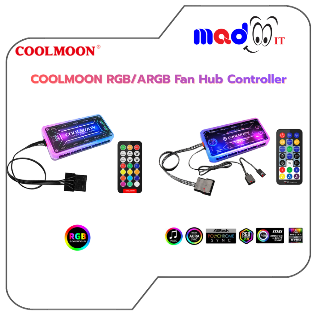 COOLMOON ชุดควบคุมไฟ RGB/ARGB Fan Hub Controller 6Pin DC12V 5A & 5V 3Pin Music Sync รีโมทไร้สาย