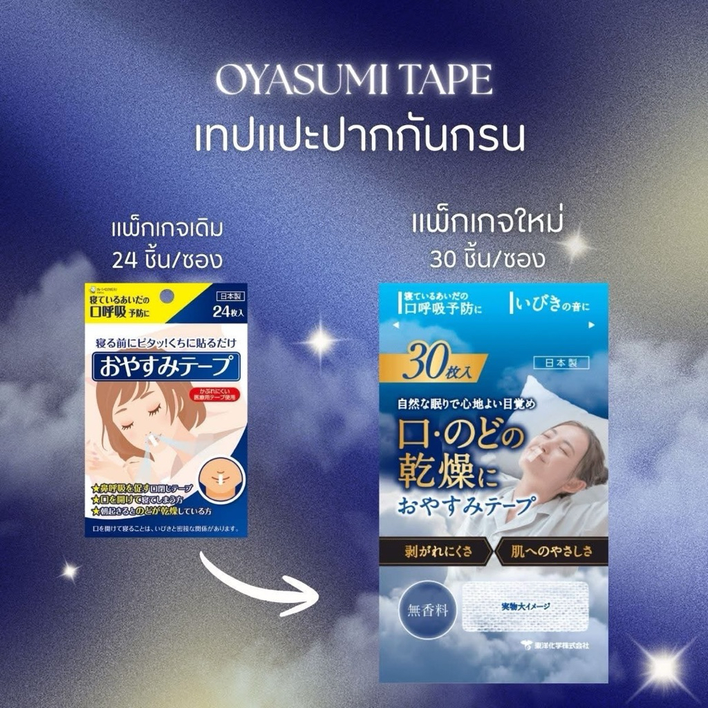 เทปแปะปากกันกรน Oyasumi Tape (30 ชิ้น) เทปปิดปากแก้นอนกรน แผ่นแปะปากแก้กรน ลดอาการกรน บรรเทาอาการกรน จากญี่ปุ่น sleep