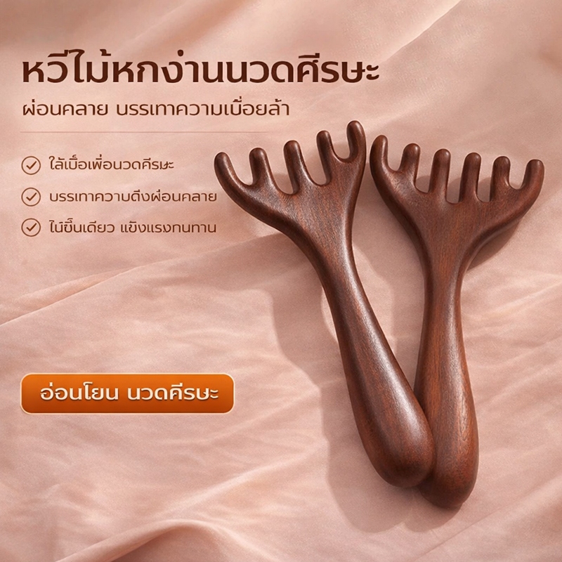 หวีนวดไม้จันทน์ 6 ก้าม ขูดเมริเดียน นวดหนังศีรษะและใบหน้า ลดผมร่วง ป้องกันไฟฟ้าสถิต เครื่องมือดูแลสุขภาพอเนกประสงค์
