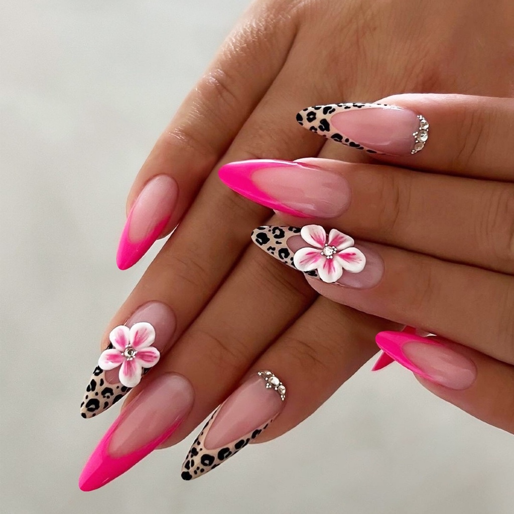 no.30 เล็บปลอม Pink Leopard 3D Flower