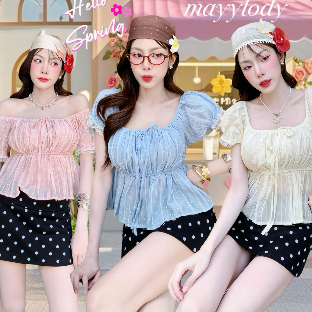 💓mayylody💓 Pinky  TOP เสื้อแขนตุ๊กตา แต่งระบายลูกไม้ ผ้าพิมพ์ลาย  สุดฮิต (อก -38 ) 🌷🪞🌤️🍃 ชุดไปทะเล ชุดไปคาเฟ่