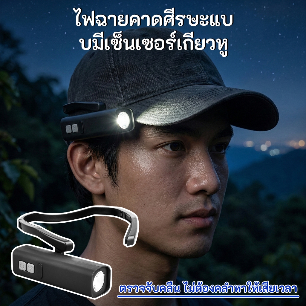 หนีบหูได้ ไฟฉายคาดหัว IPX4 กันน้ำ เบาสบาย พกพาง่าย สุดคุ้มสำหรับเดินป่า