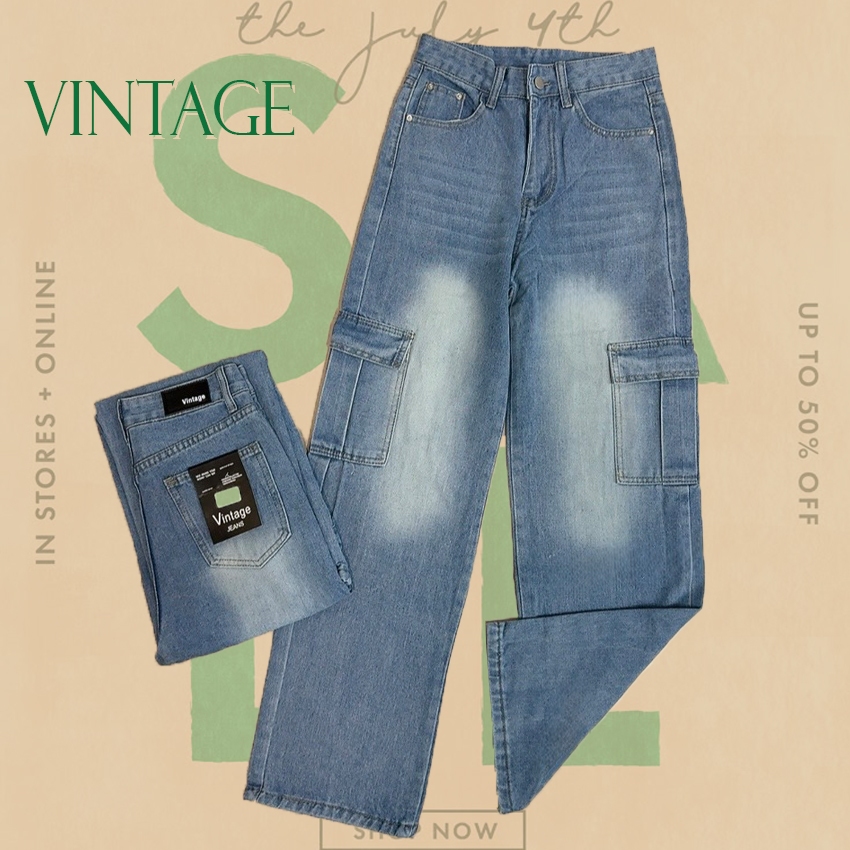 Vintage รุ่น #9106 กางเกงยีนส์ คาร์โก้ แต่งเฟดขา ขากระบอกสไตล์วินเทจ กระเป๋าตรง 2 ใบ