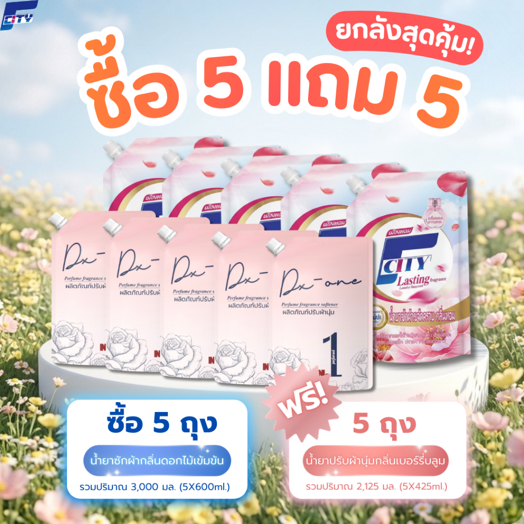 โปรแรงยกลัง! ซื้อ 5 แถม 5 (10ถุง) ความหอมพรีเมียม ในราคาสุดคุ้ม ได้ทั้งน้ำยาซักผ้าและปรับผ้านุ่มในลัง