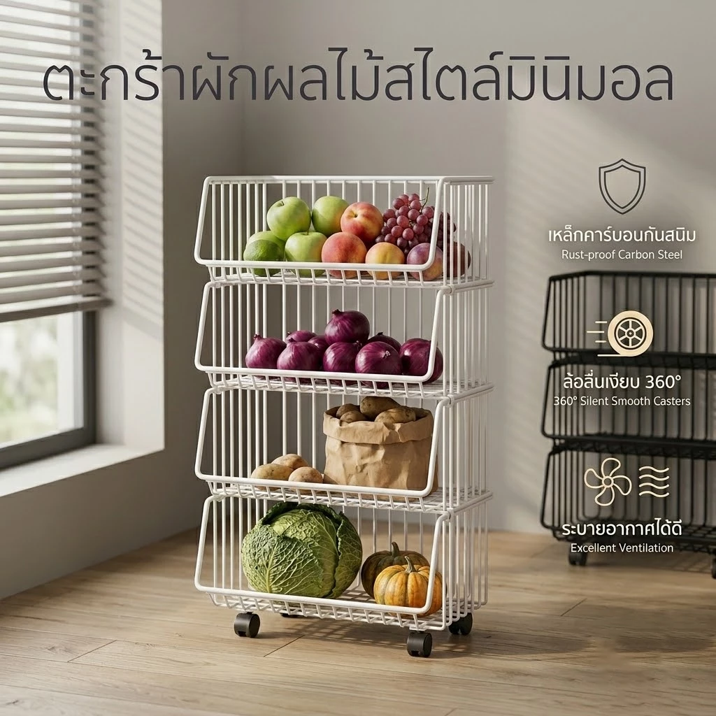 ANNA ชั้นวางของในห้องครัว วเป็นโครงเหล็ก ถอดได้ พร้อมล้อเลื่อน เก็บผักผลไม้ขนม มีให้เลือก 2แบบ มีล้อ/ไม่มีล้อ