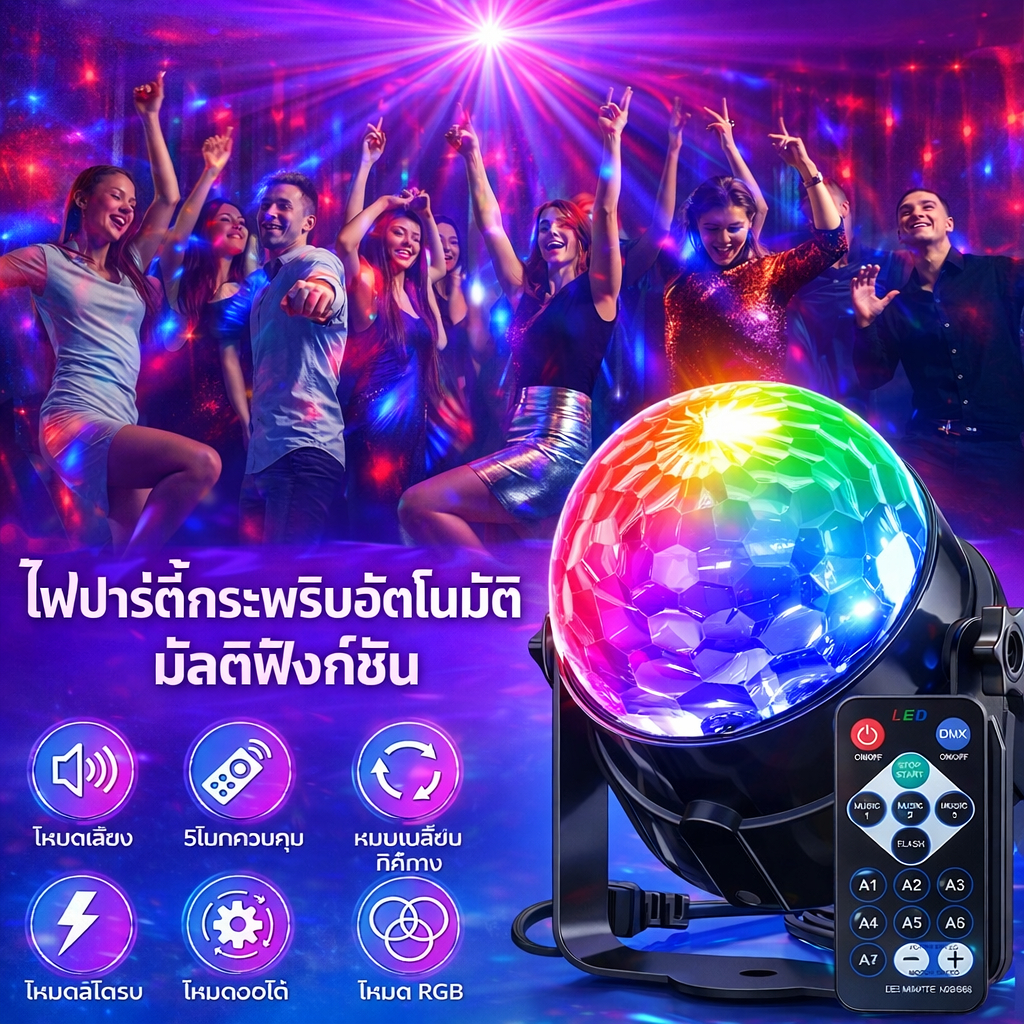 ไฟดิสโก้ LED RGB เปลี่ยนสี ตามเสียงเพลง 3 โหมดเสียง รีโมทคอนโทรล หมุนได้ สโตรบ ใช้ได้ USB+ปลั๊ก