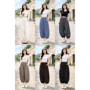 COM531.1 TARA Pants กางเกง 8 ส่วนทรงบอลลูน ฟรีไซซ์เอวยางยืด มีกระเป๋าข้าง จั๊มปลายขา เนื้อผ้าไหมอิตาลี