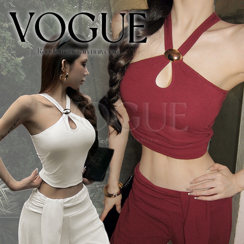 Vogue🌟พร้อมส่ง🌟 เสื้อคล้องคอ ดีเทลอะไหล่ทอง ยืดตามตัว สาวสุดแซ่บ มี3ตัว (FY2902#1)