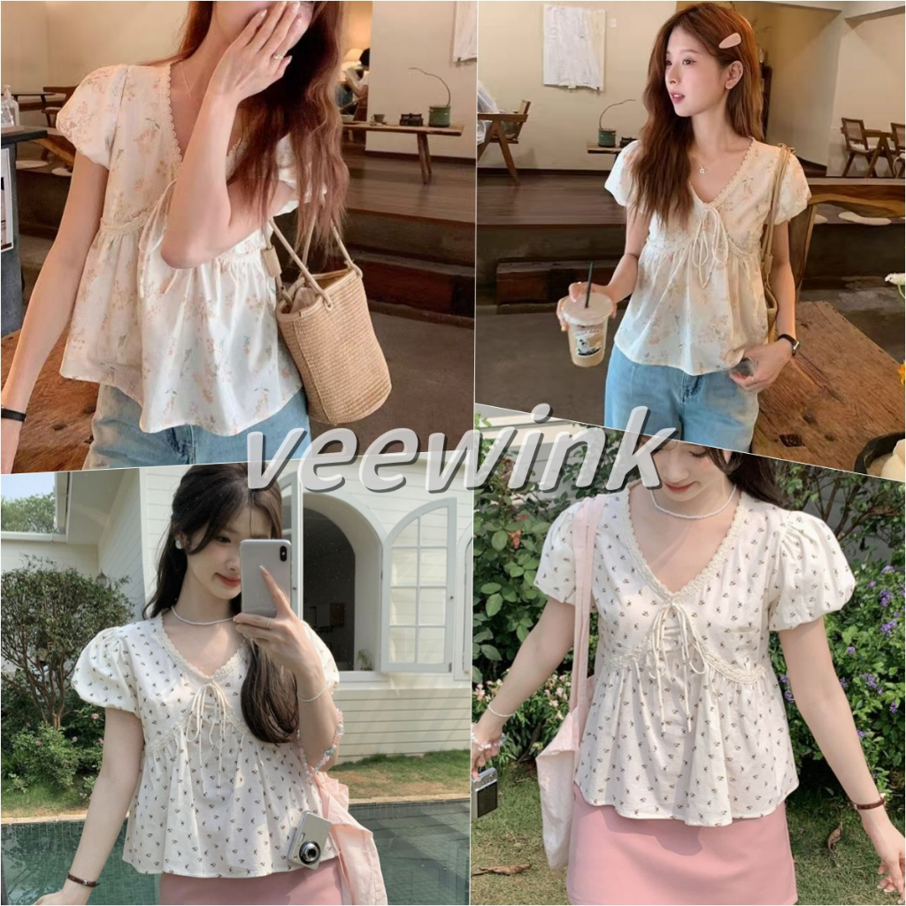 Veewink เสื้อคอวีแขนสั้น ลูกไม้ต่อแขนพอง ทรงตุ๊กตา สไตล์ฝรั่งเศสวินเทจ หวานน่ารัก เนื้อผ้าบางเบา ลดน้ำหนัก แฟชั่นเกาหลี