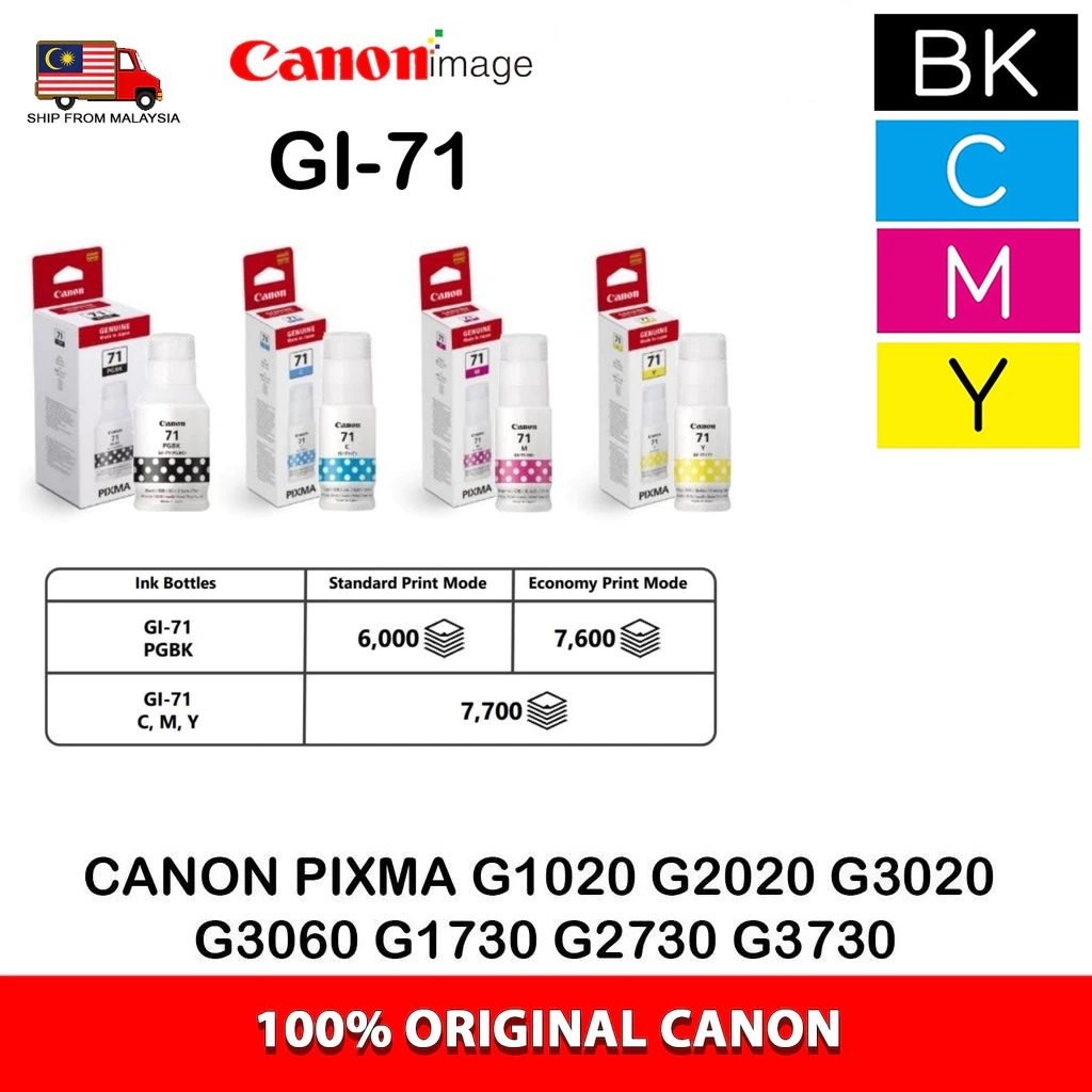 หมึกแท้ Canon รุ่น 71 GI-71 BK/C/M/Y (หมึกแท้100%)G1020/G2020/G3020/G1730/G2730/G3730 ไม่มีกล่อง