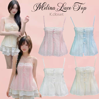 เสื้อสายเดี่ยว ผ้าโรซี่พิมพ์ลายแต่งลูกไม้ โทนหวานละมุนมาก Melina Lace Top