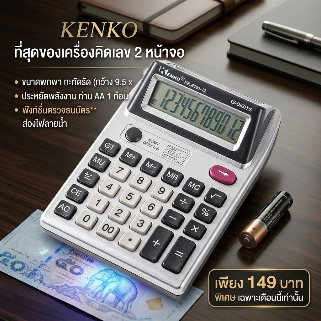 NOTA เครื่องคิดเลข 2 หน้าจอ พร้อมฟังก์ชั่นไฟตรวจธนบัตร แบงค์ปลอม (พร้อมส่ง)